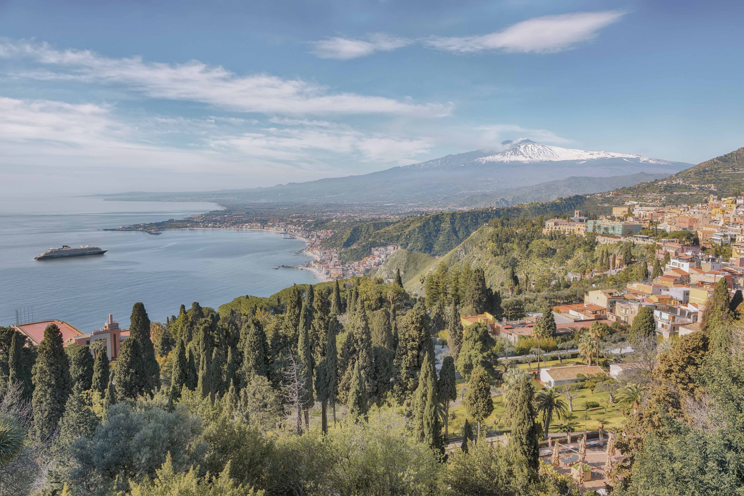 Awesome Aquamarine Blue Waters Of Sea Near Taormina Resorts And Etna Volcano Mount.